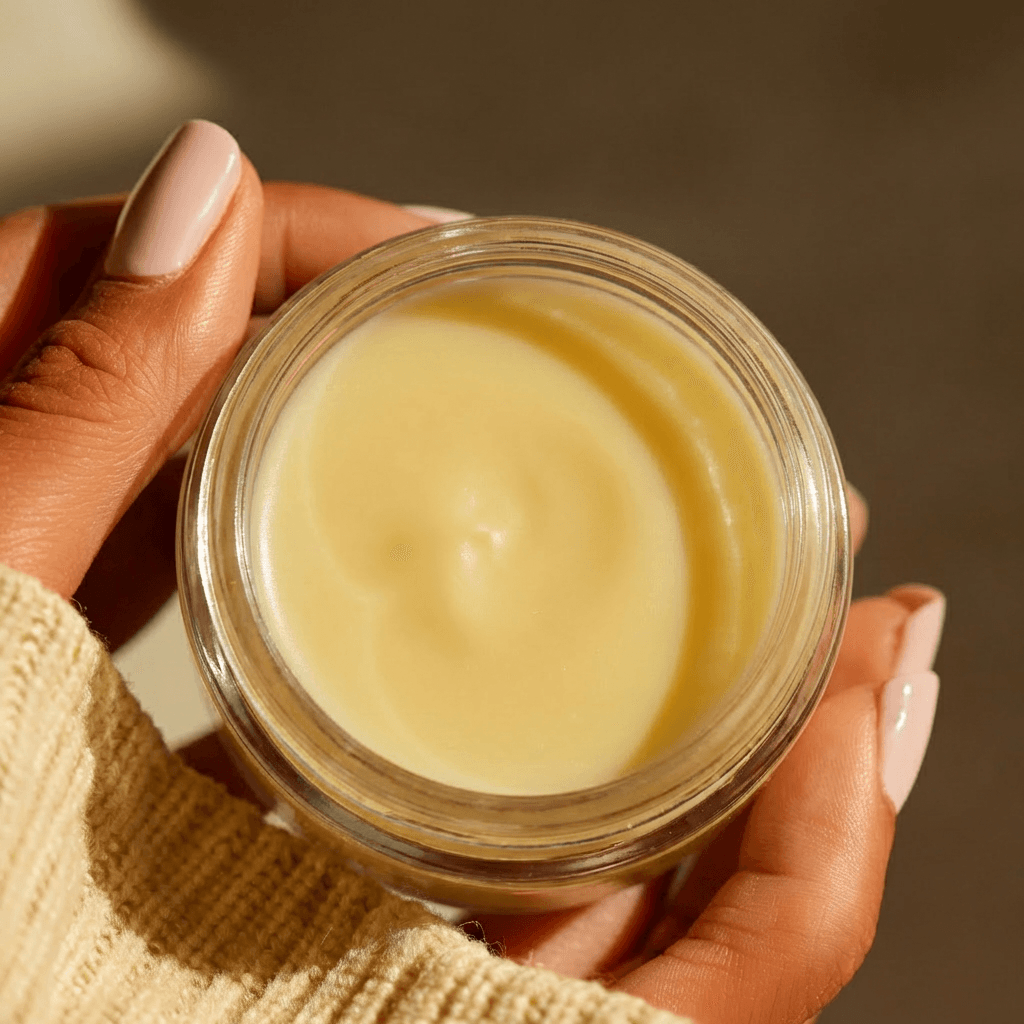 Open BUTTR Tallow Balm jar in hand, showing the warm ivory balm texture