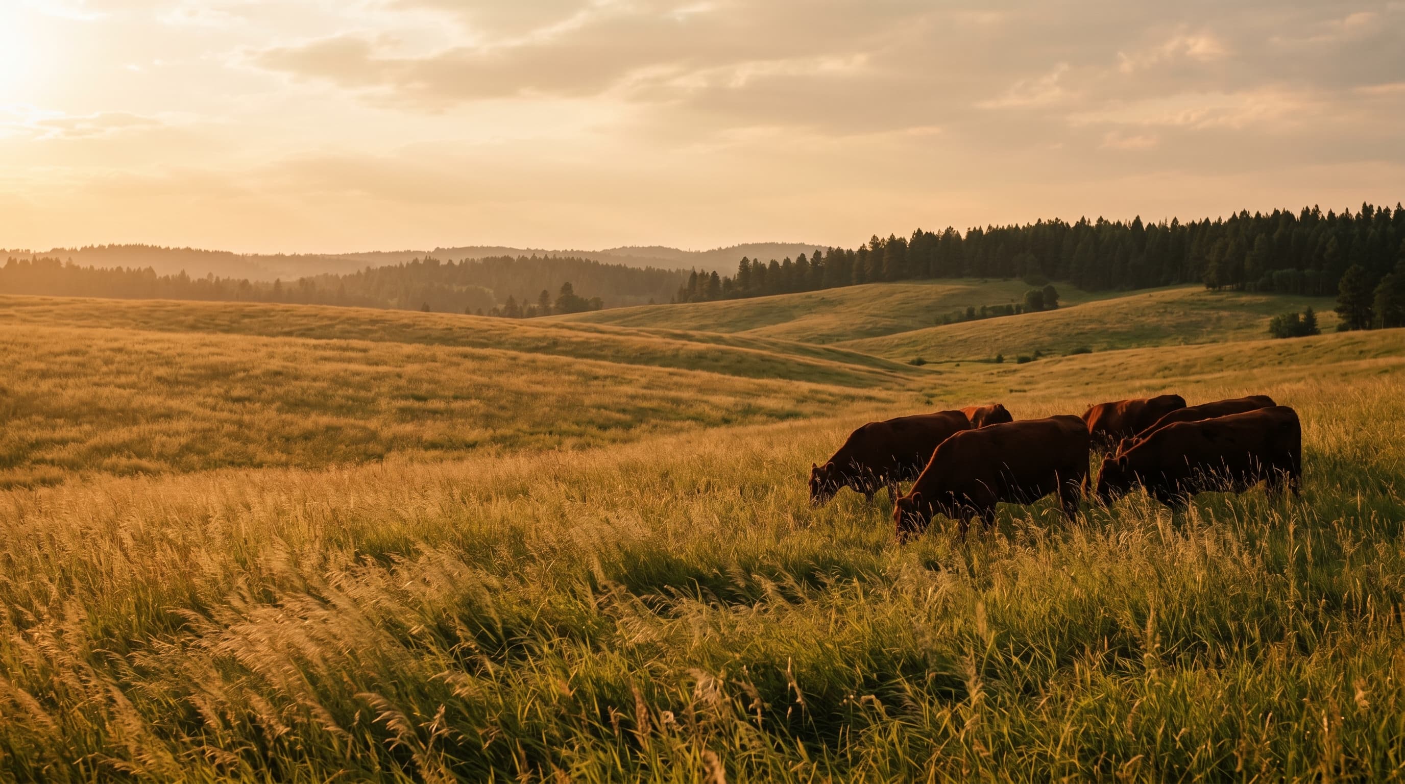 Grass-fed cattle grazing on open pasture at golden hour