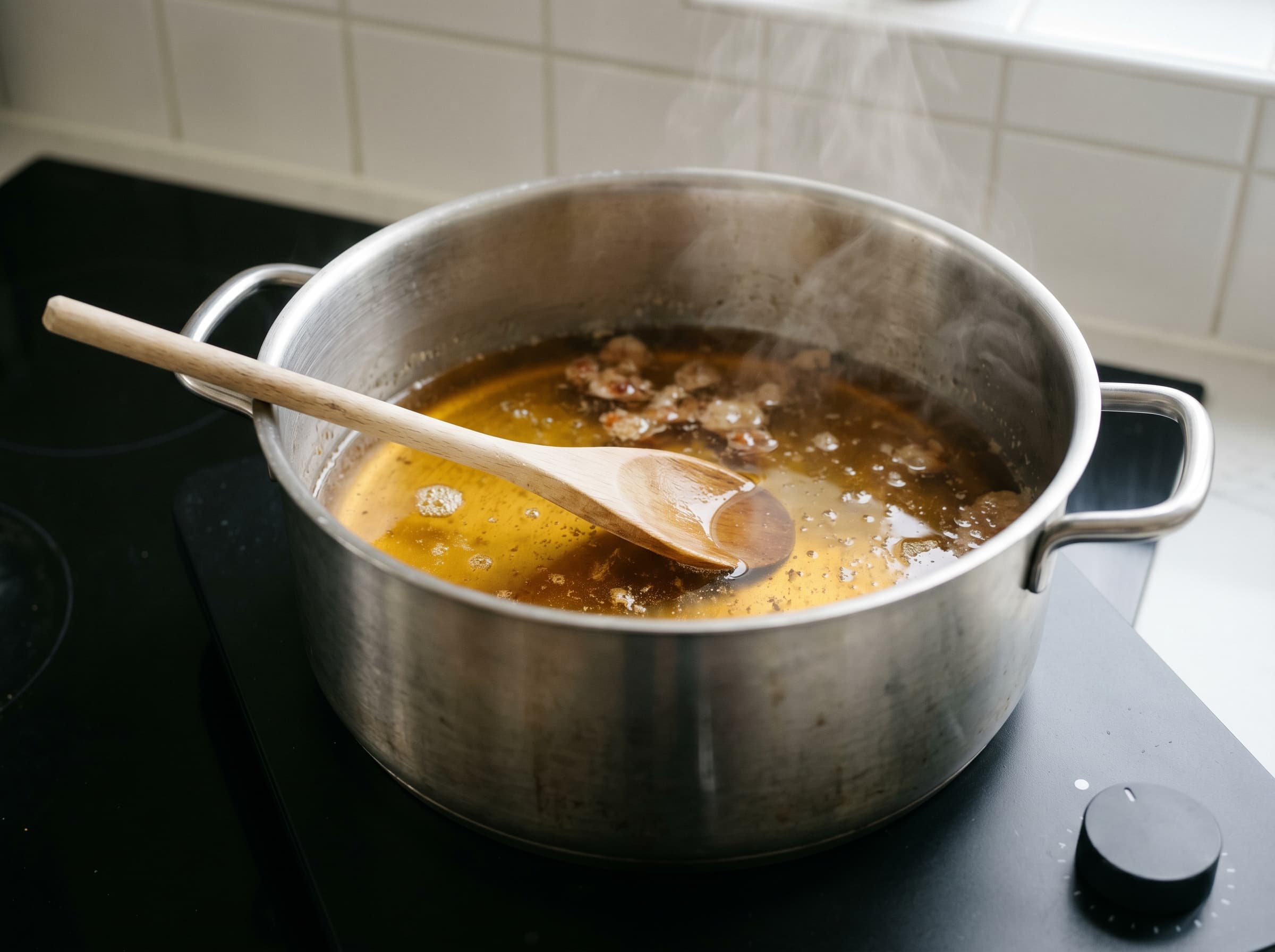 Grass-fed tallow being slowly rendered in a stainless steel pot