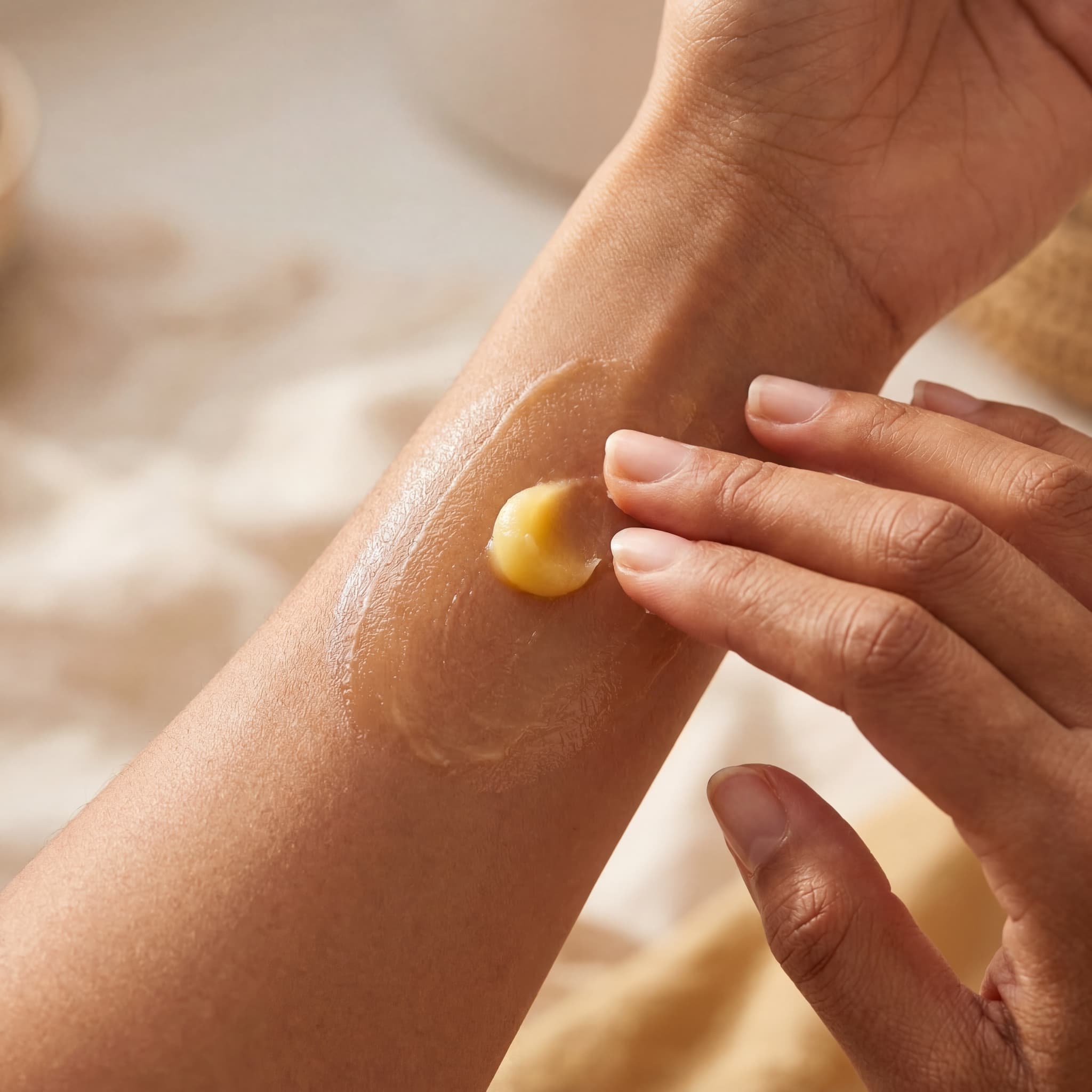 Warmed tallow balm being pressed into the inner forearm with two fingers.